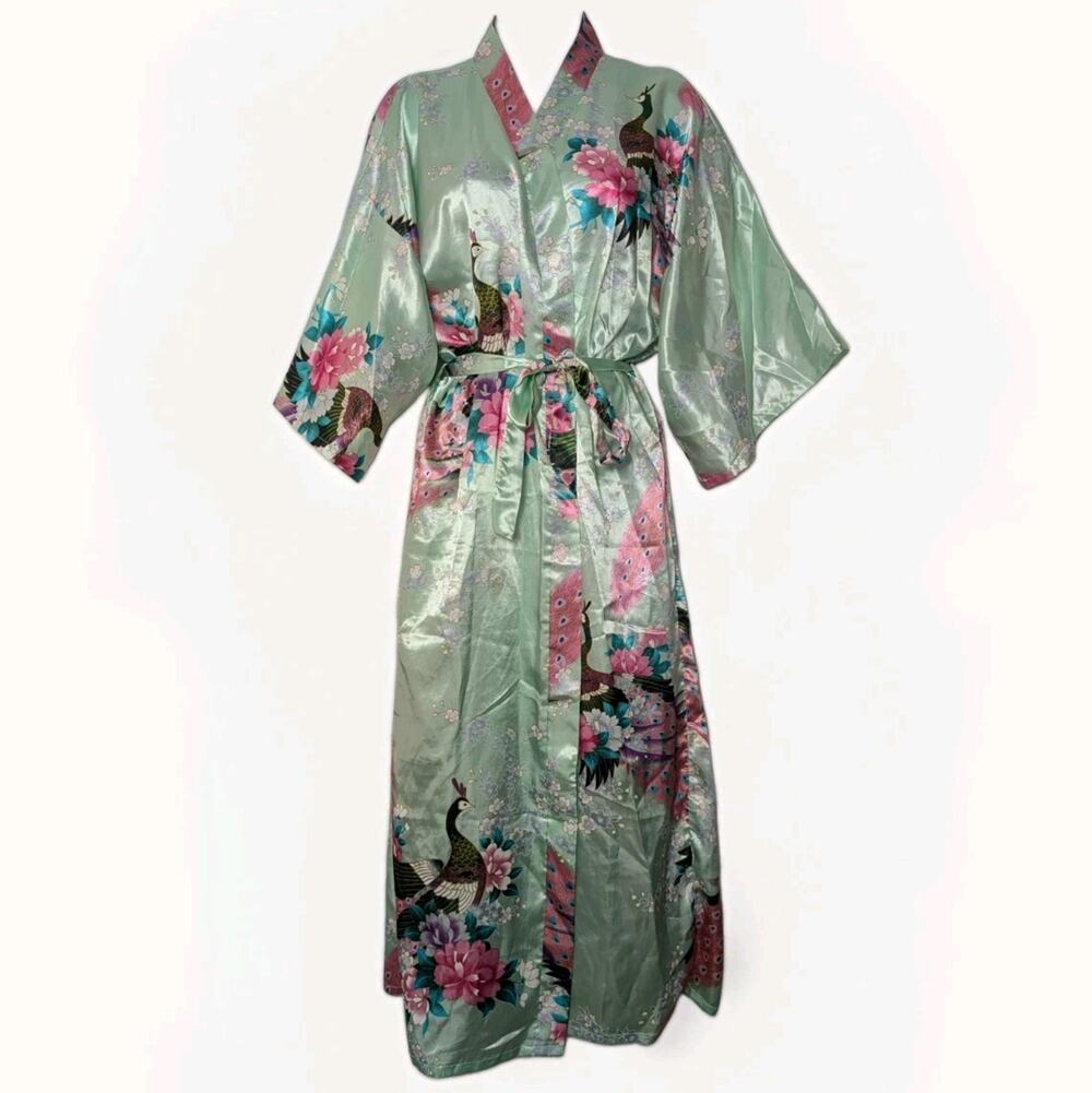 Mei Yesida Silky Kimono Bridal Blue Green Peacock One Size Shiny Dressing Robe